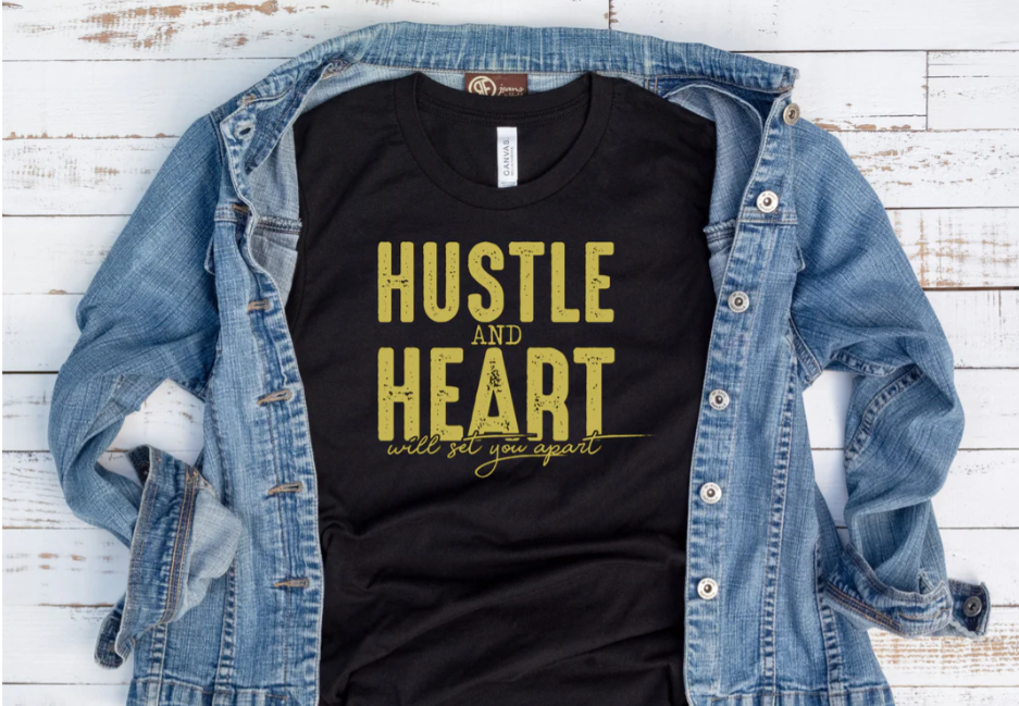 TSHIRT-HUSTLE AND HEART (BLACK OR RED), 5.6 oz