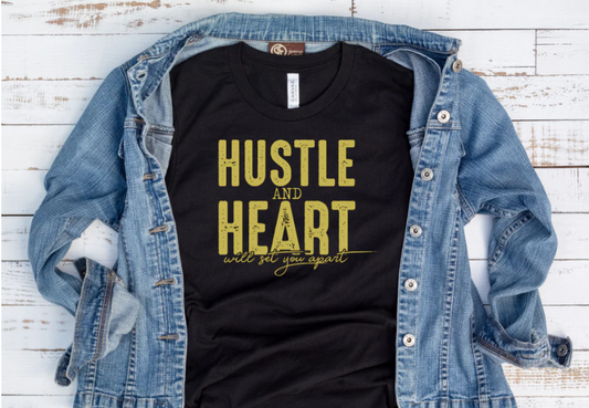 TSHIRT-HUSTLE AND HEART (BLACK OR RED), 5.6 oz